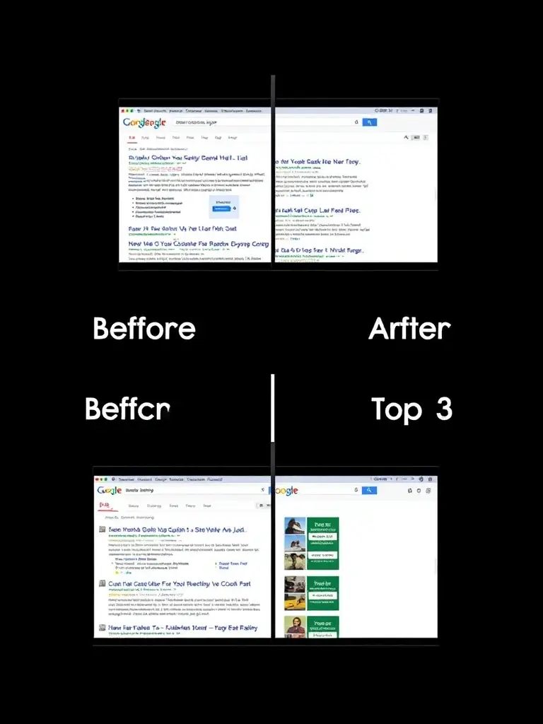 A before-and-after screenshot comparison of a website's search engine ranking, showcasing improvement from page 3 to the top 3 results, branded with Boundless Digital Agency.