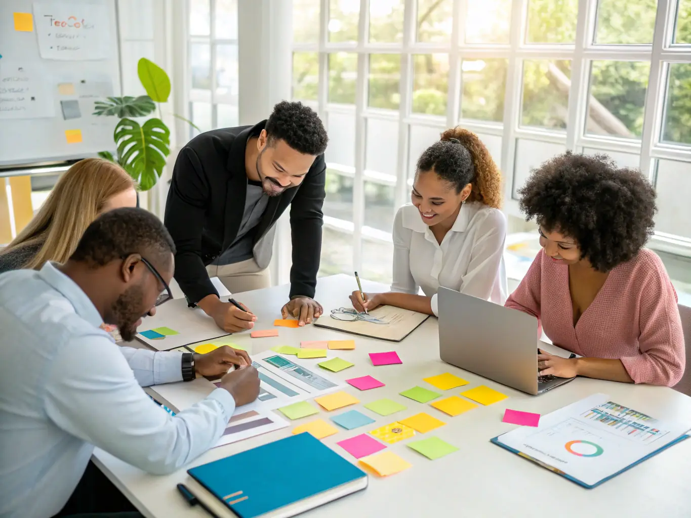 A group of people collaborating in a modern office, brainstorming and planning a marketing campaign.