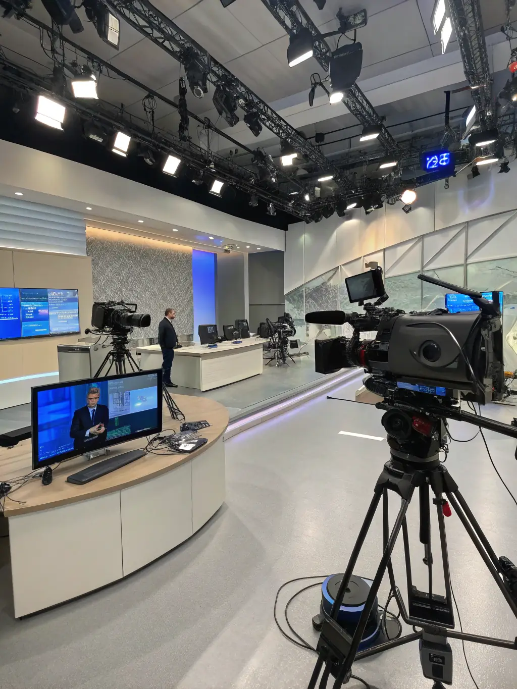 A wide-angle shot of the Creator Compound's main studio space, showcasing its size and versatility, with various sets and equipment visible.
